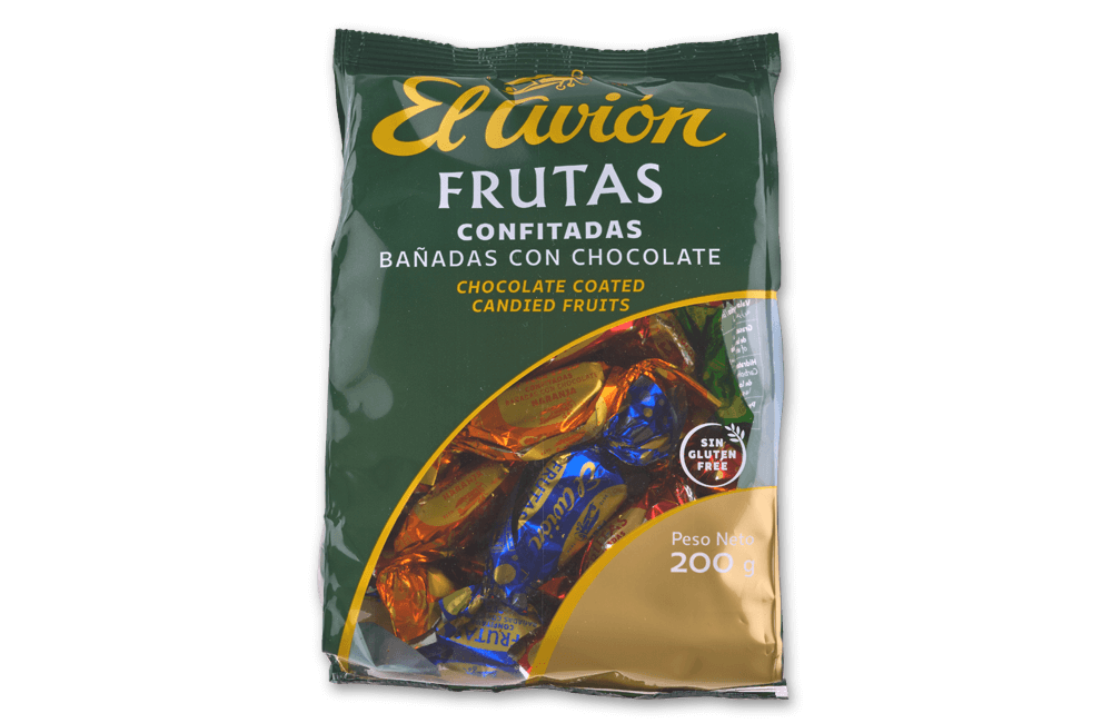 Frutas confitadas bañadas en chocolate.